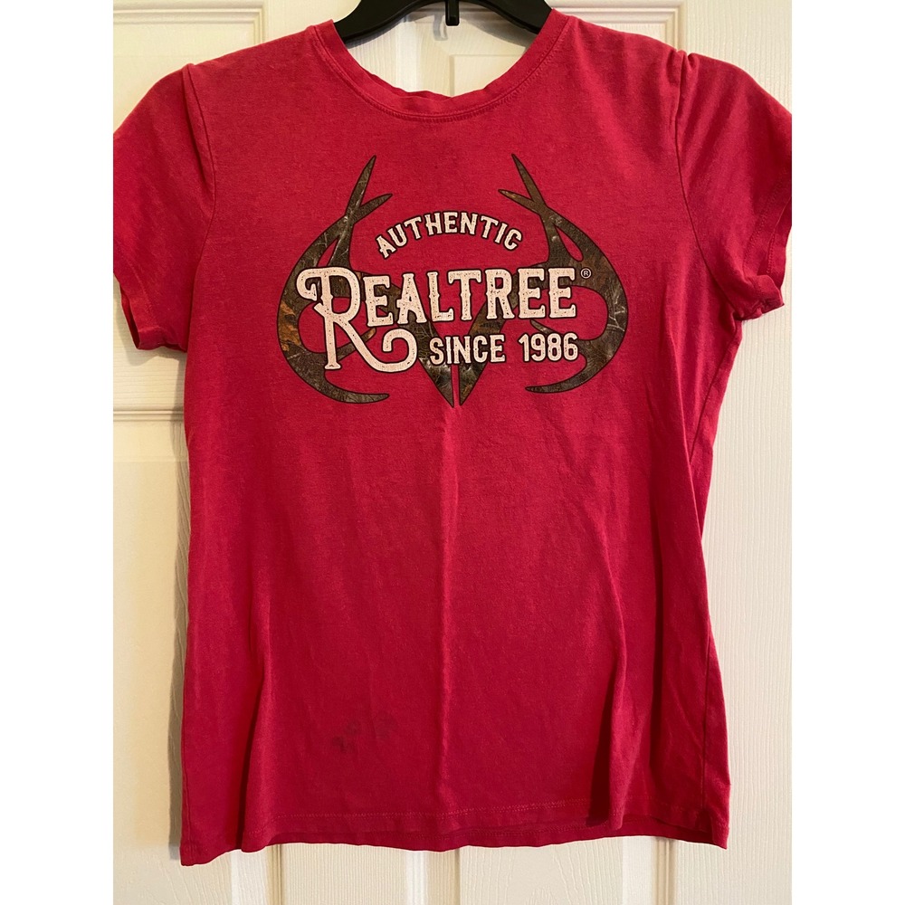 Realtree Graphic Tee Women Medium Red Camo Antler Logo Gorpcore Outdoors Casual